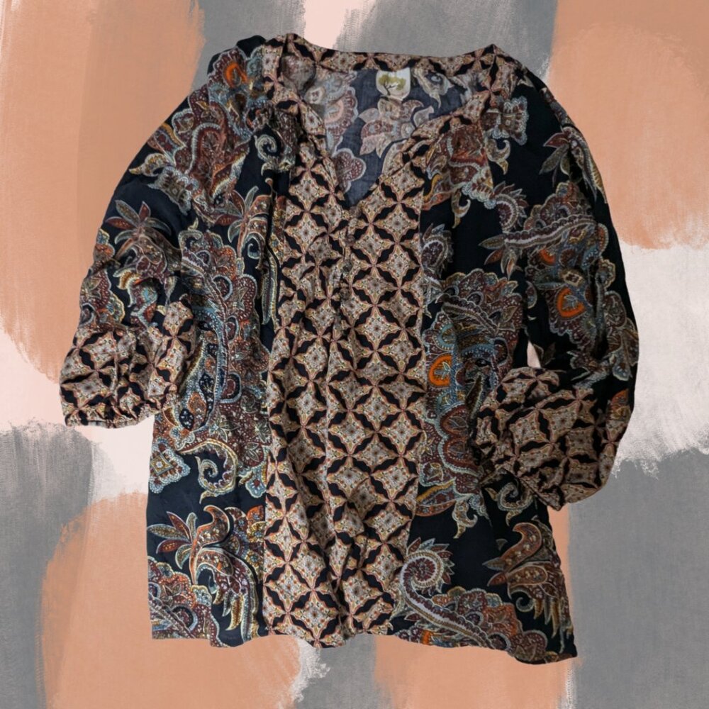 Fig and Flower Size Medium Black Paisley Top Blouse 3/4 Sleeve
